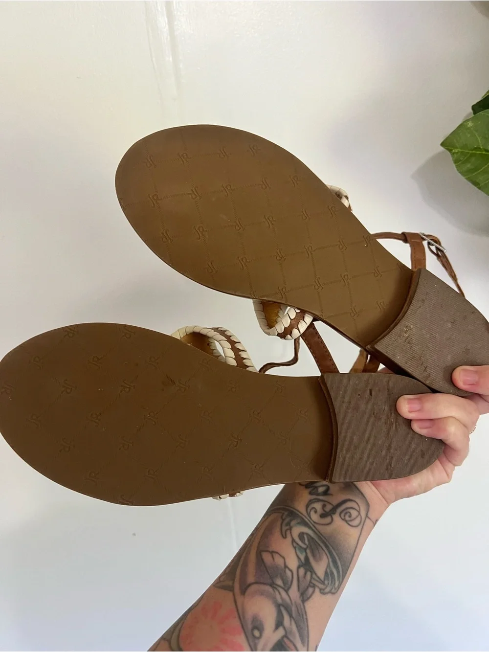 Jack Rogers Macie leather sandals brown and beige stitching ankle closure